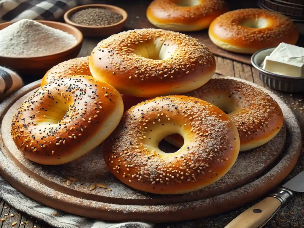 Golden brown freshly baked bagels with sesame and poppy seeds on a wooden board, served with cream cheese.