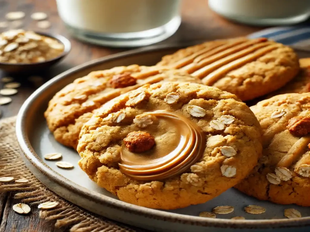 Close-up of golden brown peanut butter oatmeal cookies with oats on a rustic table