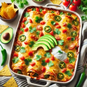 Healthy chicken enchilada bake topped with melted cheese, fresh cilantro, avocado, jalapeños, and a drizzle of sour cream.