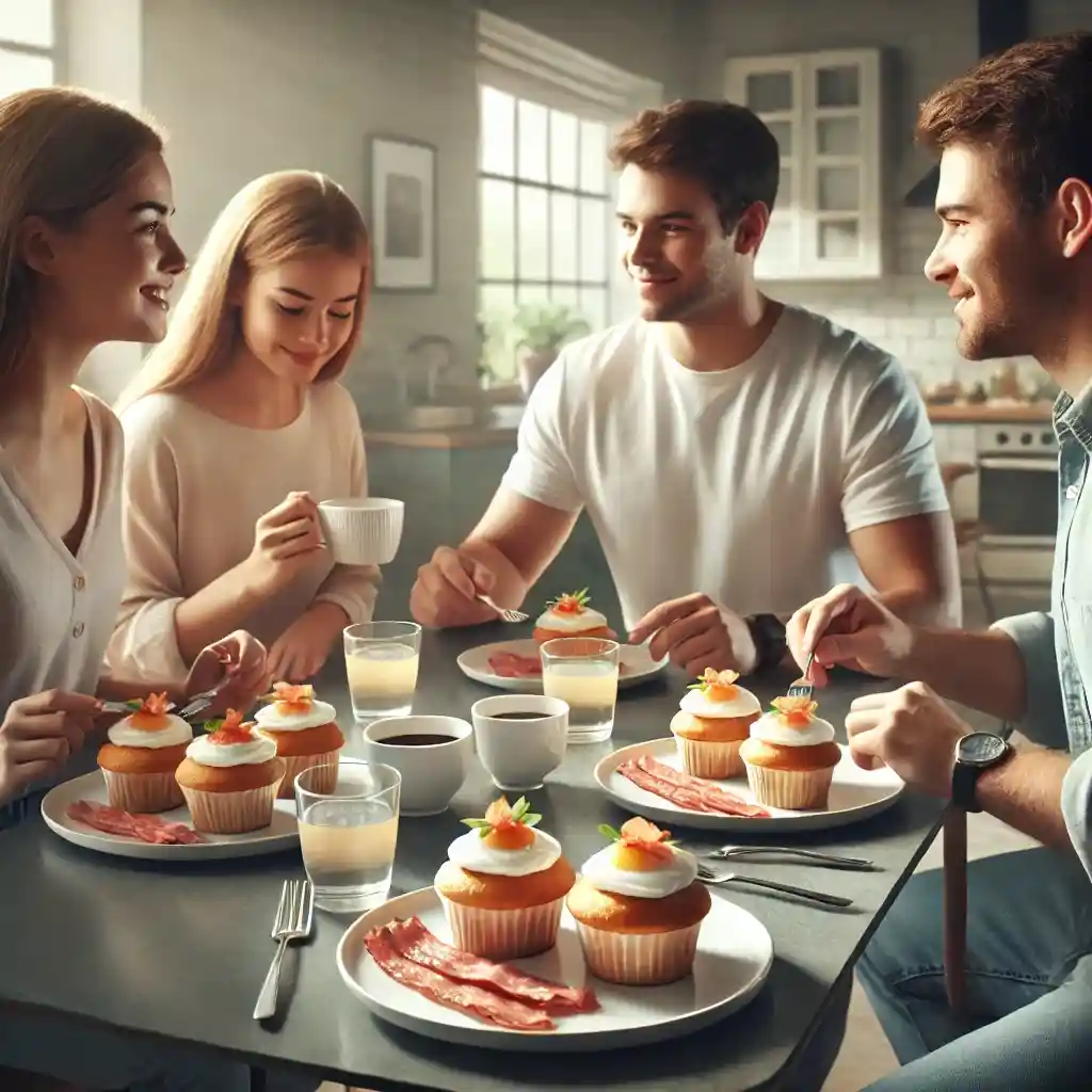 A family of four enjoying a fast breakfast featuring White Egg Muffins with Turkey Bacon, focusing on the healthy breakfast dish placed on white plates in a cozy kitchen setting.