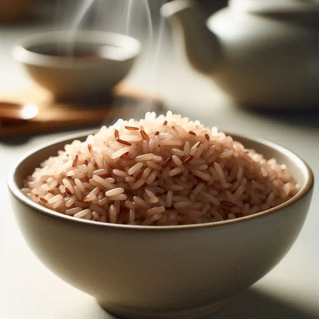 A close-up of a serving bowl filled with hot brown rice, with steam rising to show it's freshly cooked.