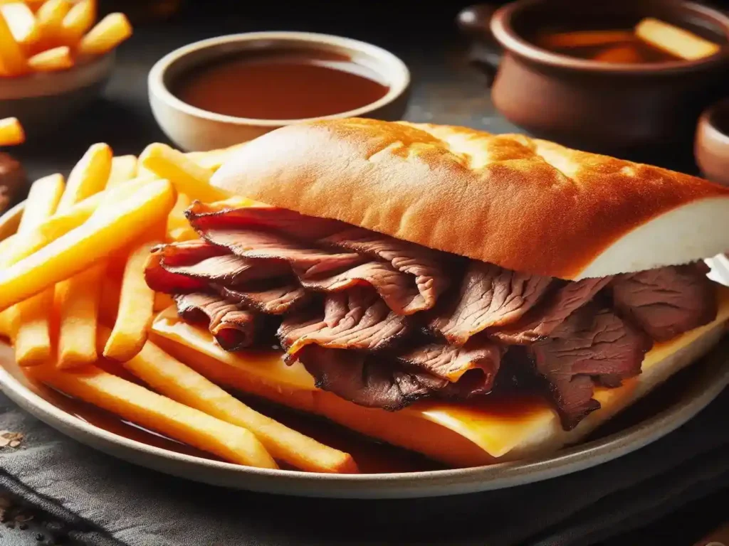 Delicious hot roast beef sandwich with melted cheese, served with fries and au jus.