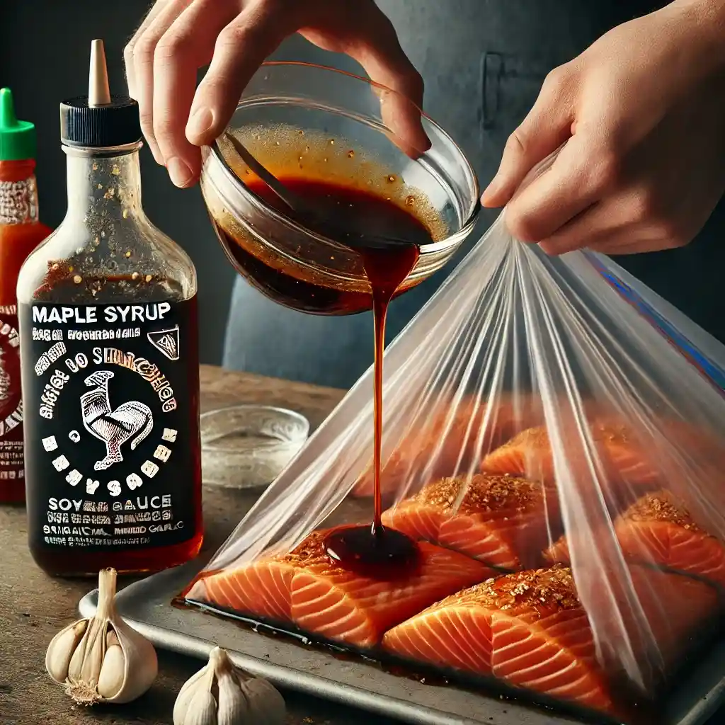 A kitchen scene showing a small bowl of maple syrup, soy sauce, sriracha, and garlic being poured into a resealable bag with salmon fillets, ready to marinate.