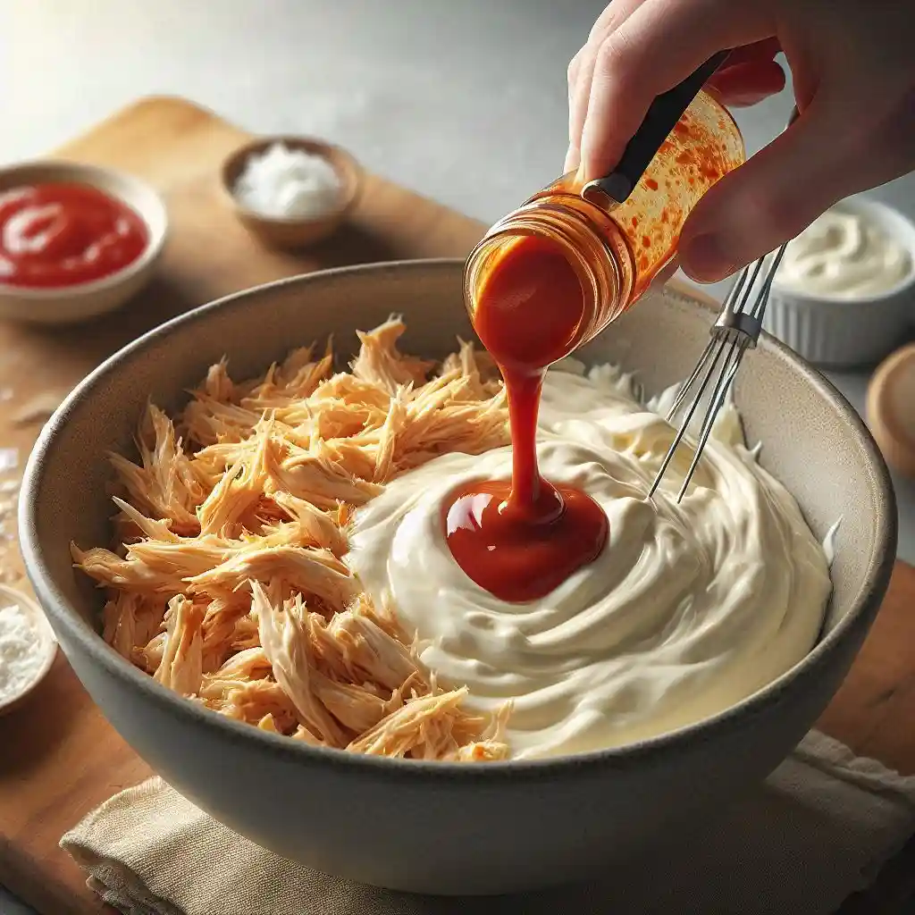 Mixing cream cheese, hot sauce, and shredded chicken in a bowl until fully coated, creating a smooth buffalo chicken filling.