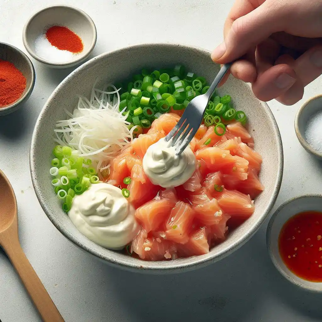 Small bowl with drained flaked salmon, light mayonnaise, sriracha sauce, scallion whites, and a pinch of salt being mixed.