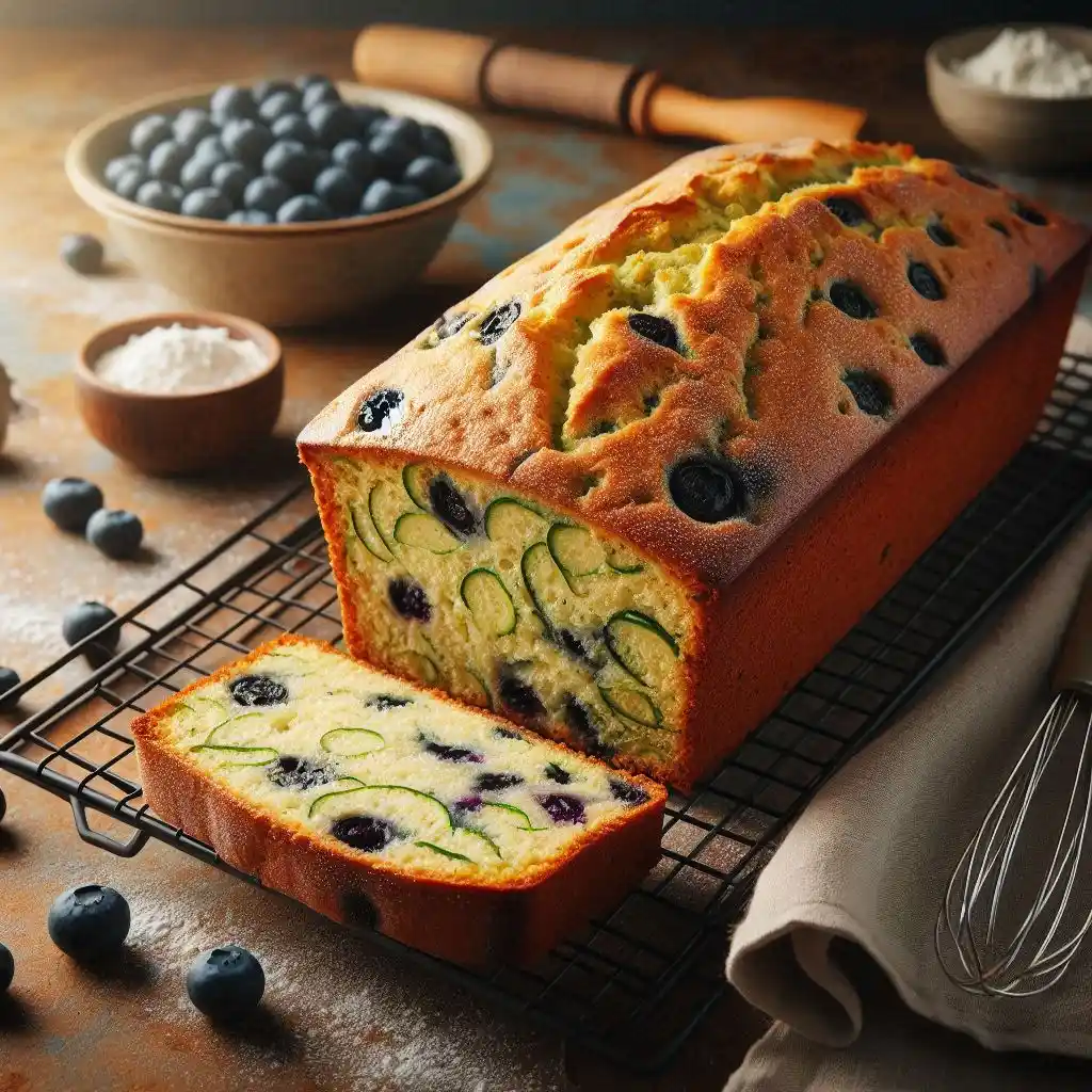 Closeup of a sliced zucchini blueberry loaf cooling on a wire rack, showing moist texture with grated zucchini and blueberries