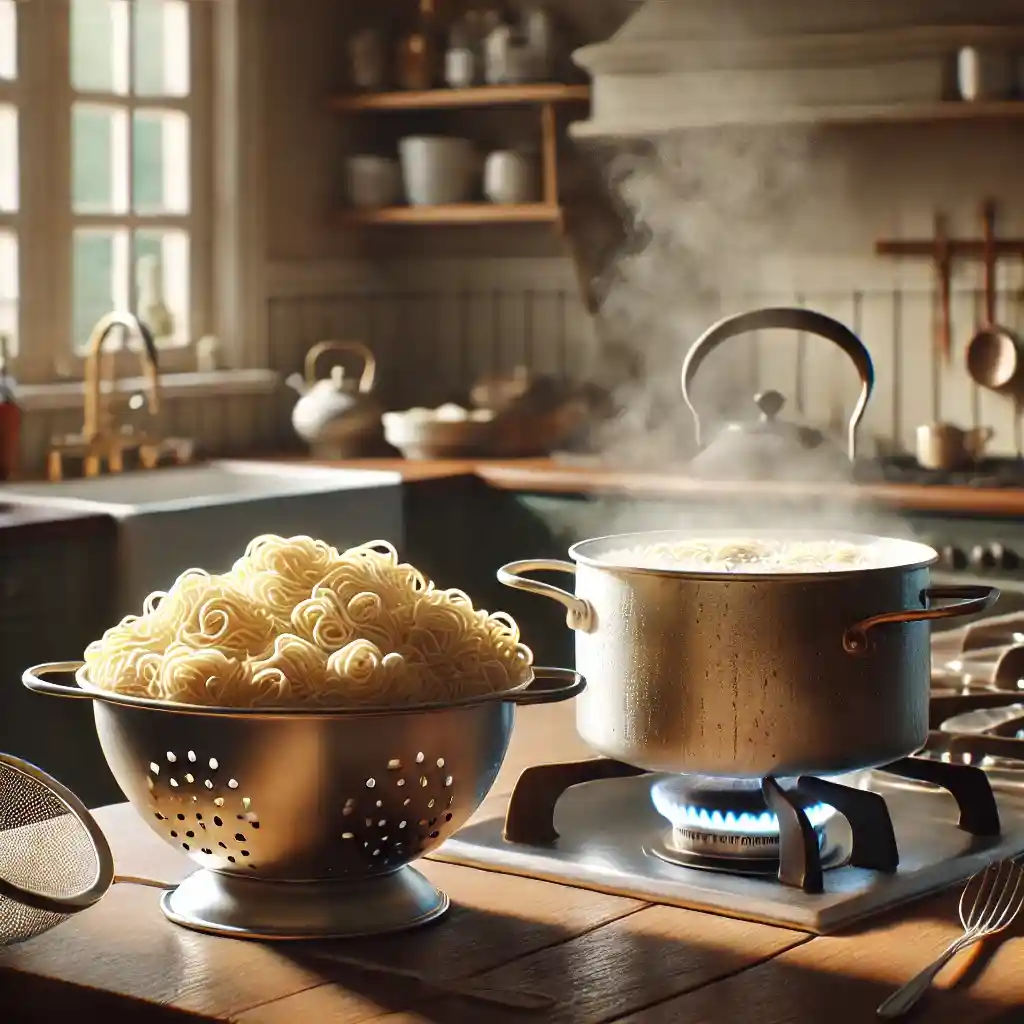 Boiling water with noodles in a cozy kitchen, noodles cooked and set aside in a colander, ready to be added to the broth.