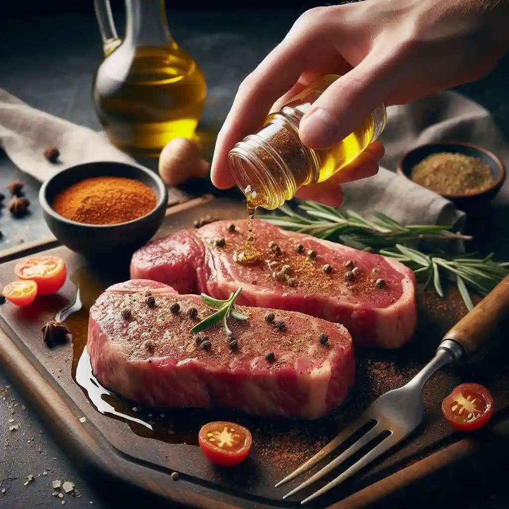 Steaks coated with olive oil and spice blend on both sides