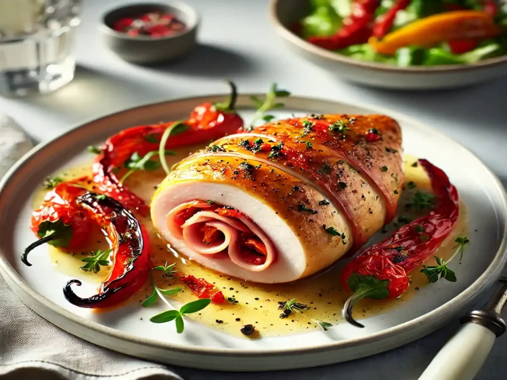 Golden Pepper and Prosciutto Stuffed Chicken Breast garnished with fresh herbs, served alongside roasted vegetables.