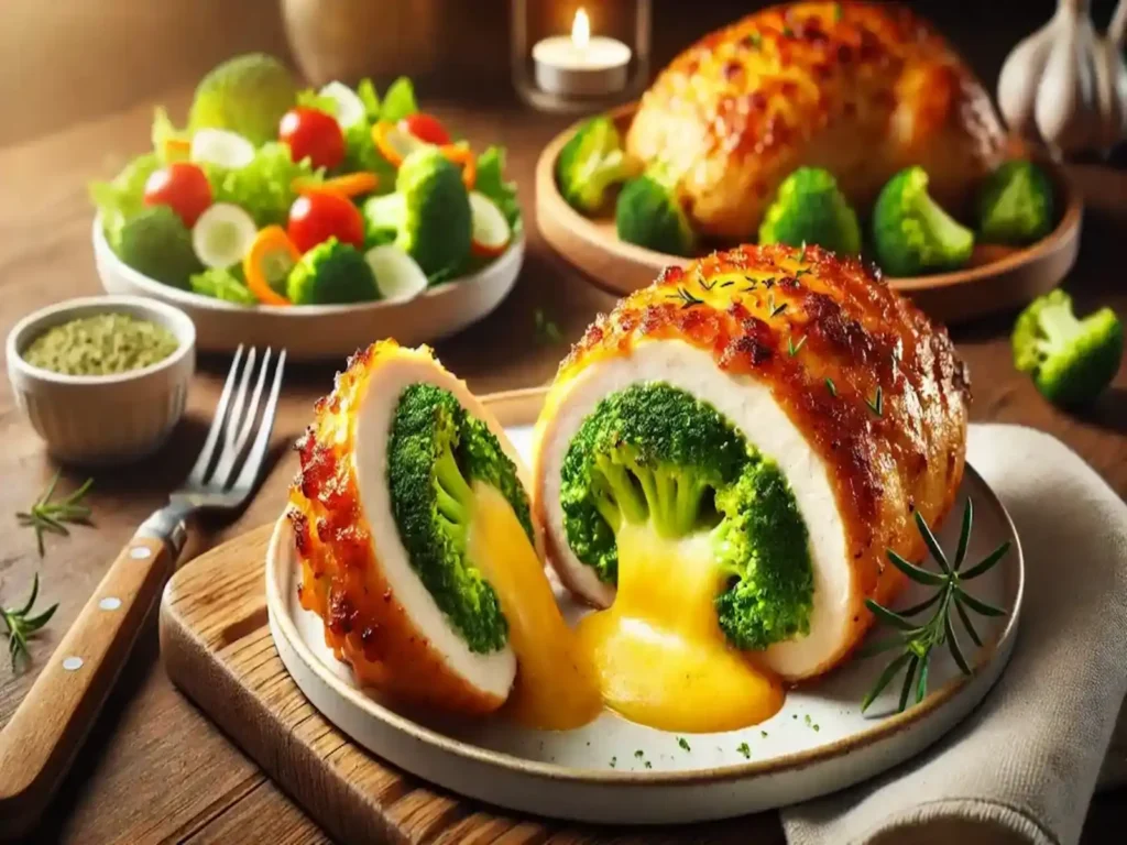 Golden brown Broccoli and Cheese Stuffed Chicken sliced to reveal melted cheese and broccoli filling, served with fresh salad.