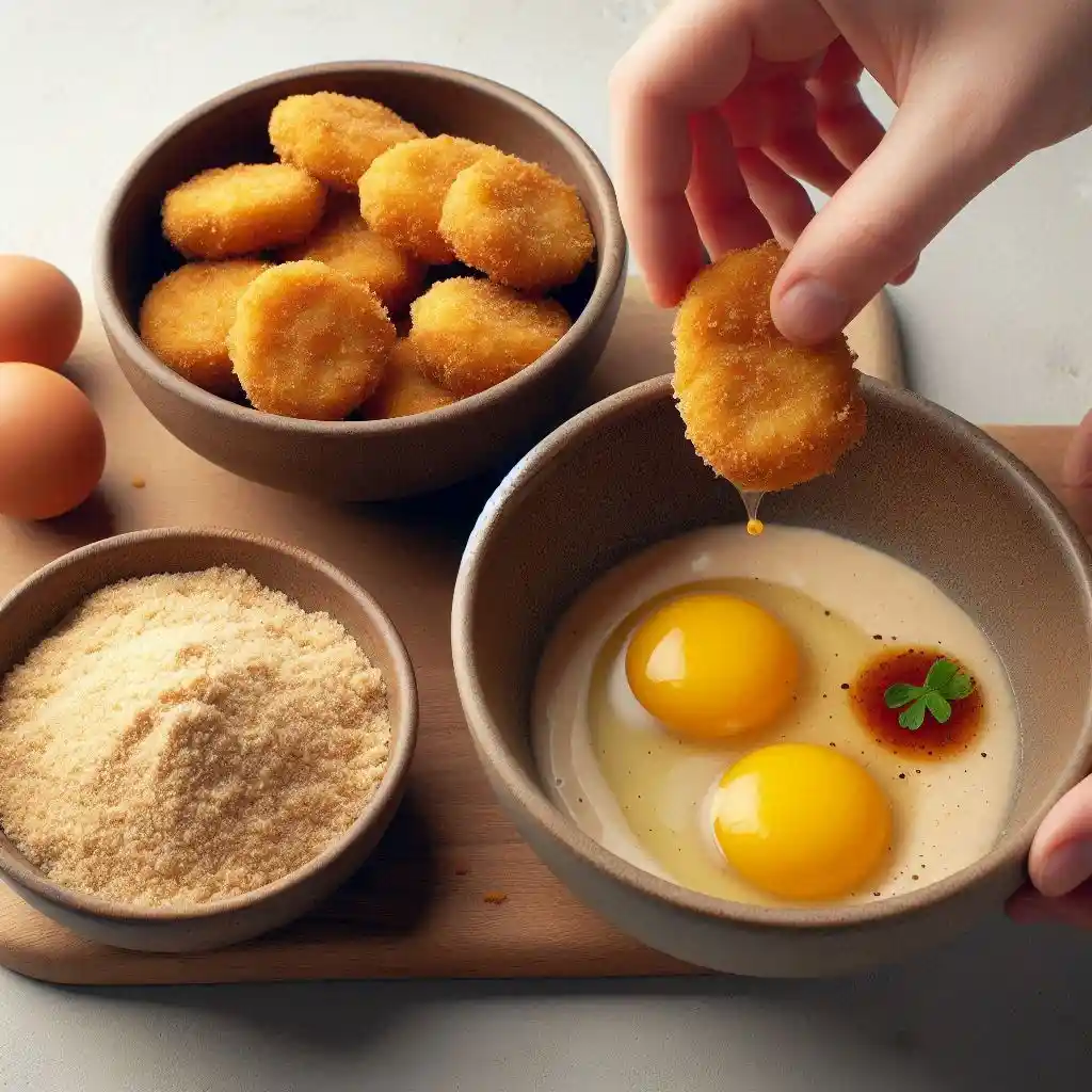 Put the egg in one bowl and the breadcrumbed in the other bowl. Nuggets need to be dipped in the egg mixture, and then in the breadcrumbs and should be placed in a separate plate to rest.