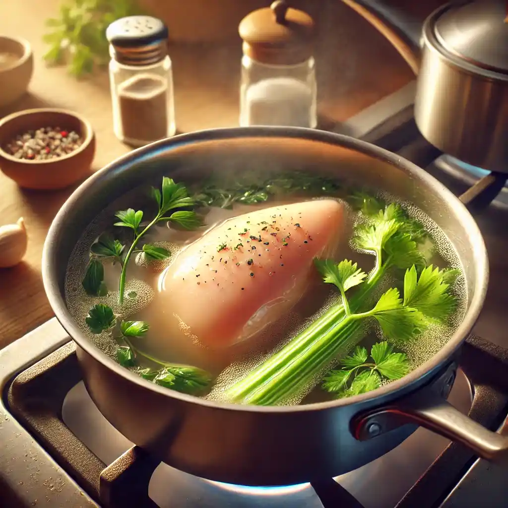 A small pot on a stovetop with chicken breast submerged in seasoned broth, celery, parsley, garlic, and onion, beginning to boil before simmering.