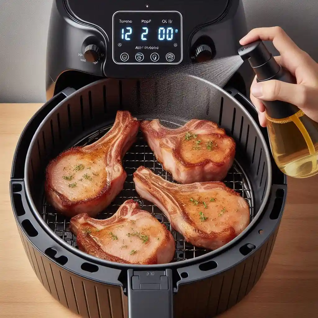 Pork chops in an air fryer basket with olive oil spray, halfway through cooking and flipped for crispiness.