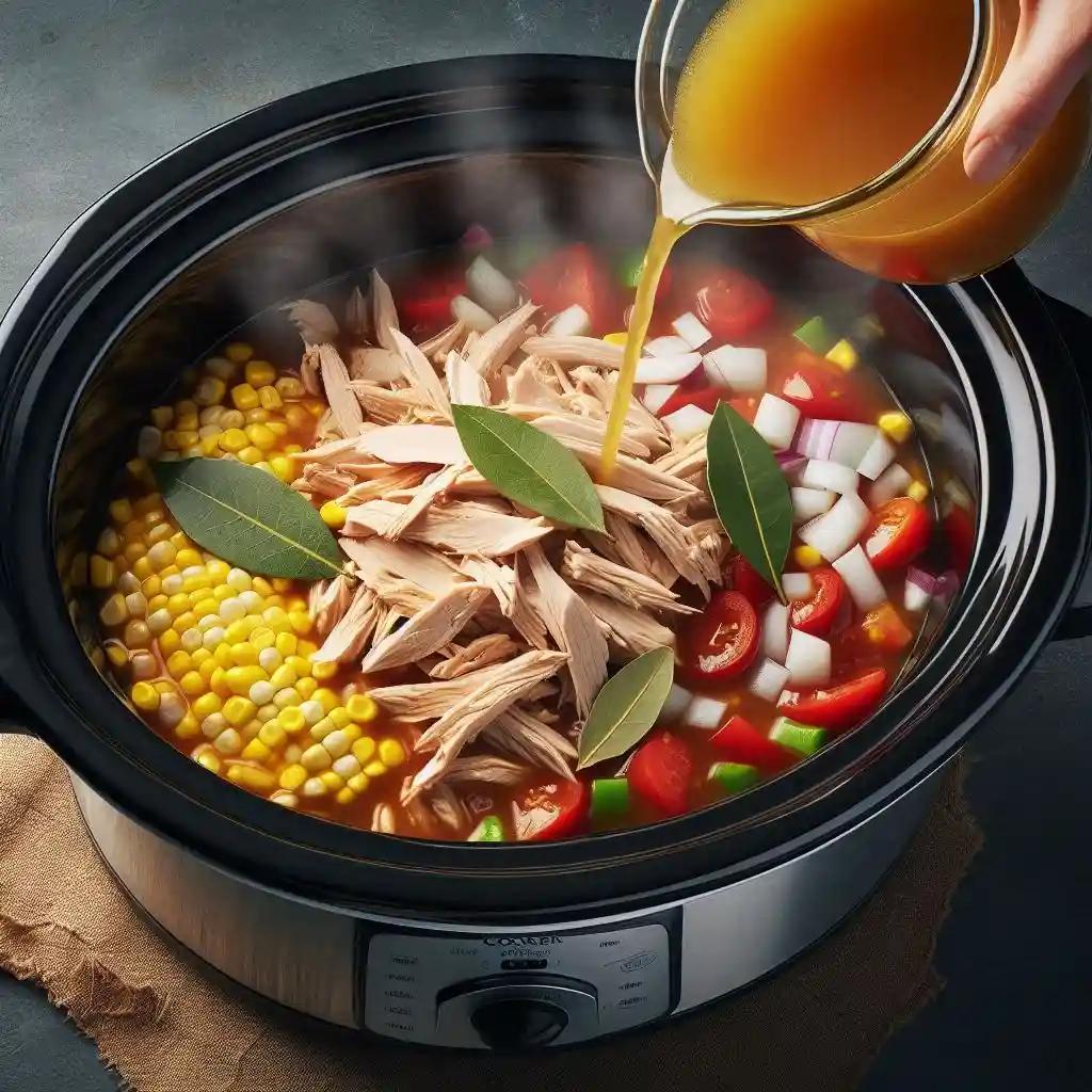 Pouring chicken broth and adding a bay leaf into the slow cooker with turkey chili ingredients, ready to be mixed and cooked.