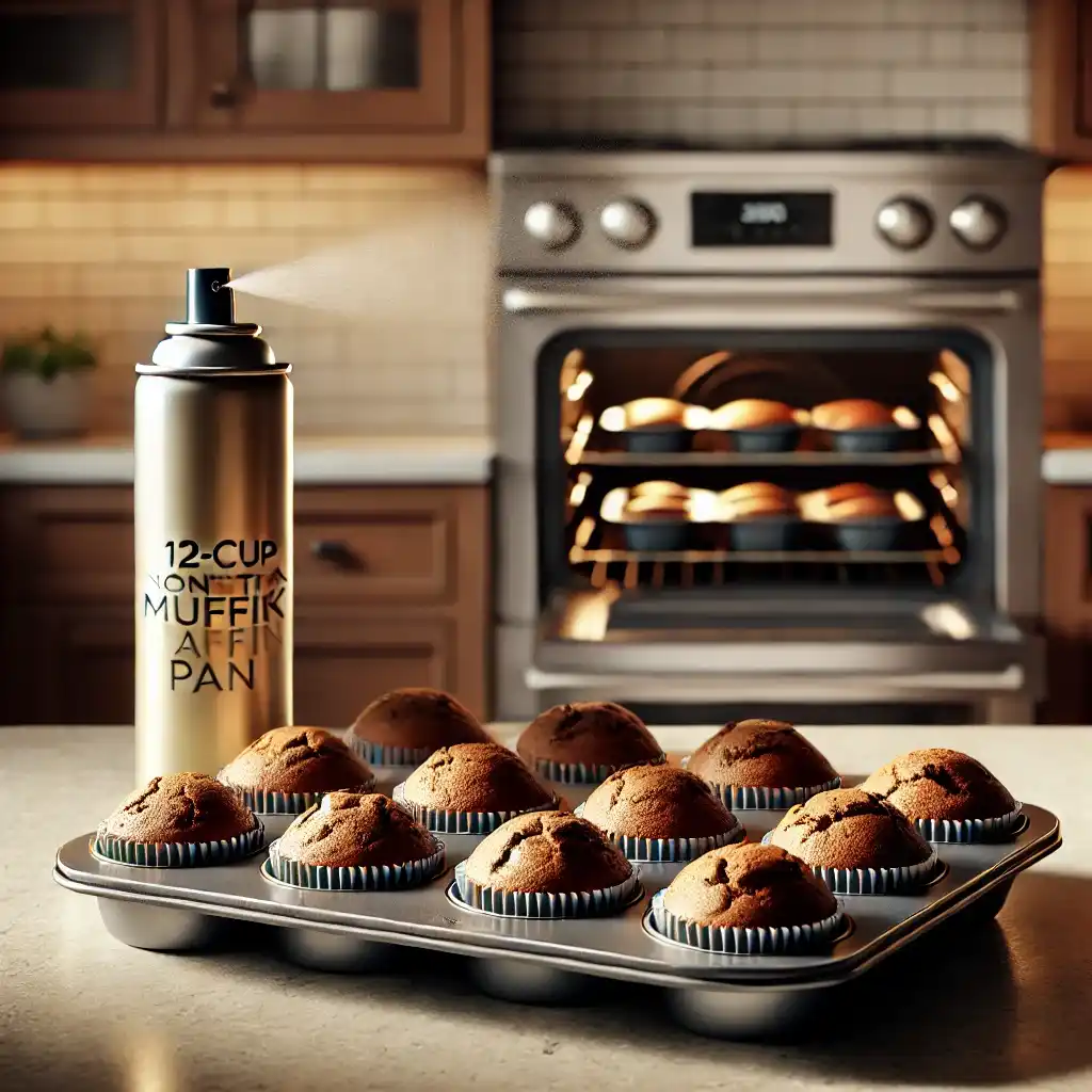 A nonstick 12-cup muffin pan lightly coated with olive oil spray sits on a kitchen countertop, with the oven preheated to 350°F in the background, ready for baking.