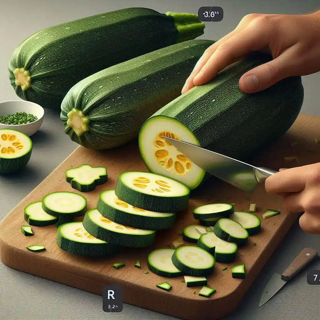 Zucchini cut into 8 pieces with insides scooped out, leaving 1/4-inch thick shells on a cutting board.