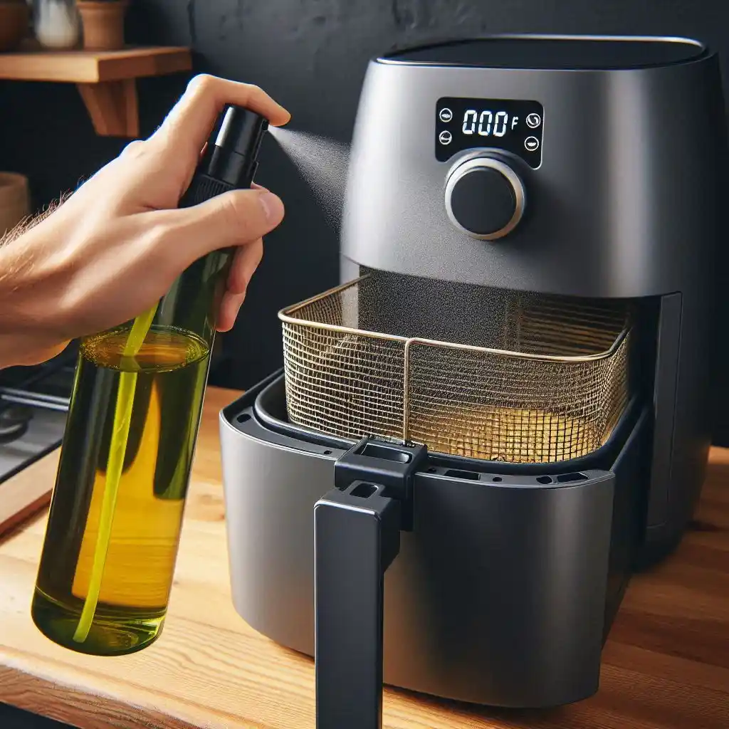 Hand spraying olive oil on a preheated, empty air fryer basket at 400°F