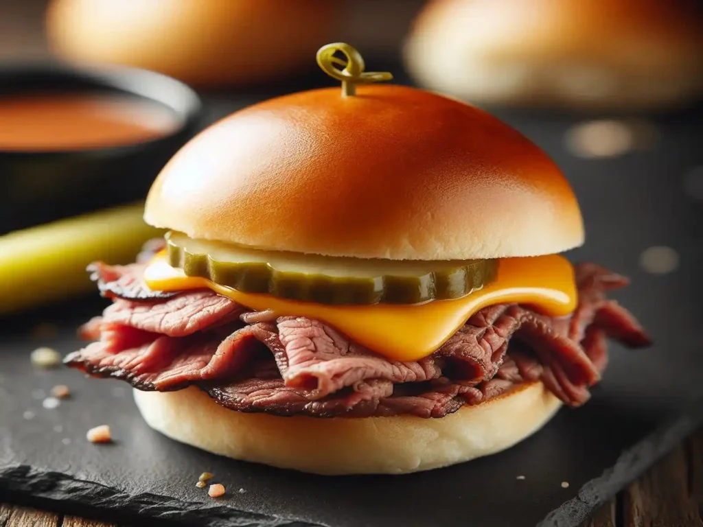 Roast Beef Slider with melted cheese on a soft bun.