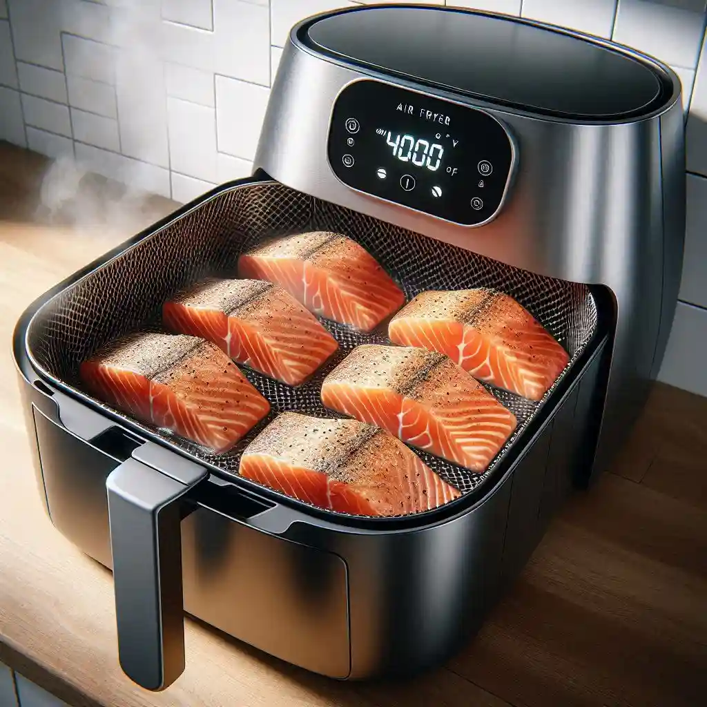 Salmon fillets evenly spaced in an air fryer basket cooking at 400°F, with a golden surface and steam rising, placed on a clean, modern kitchen counter.