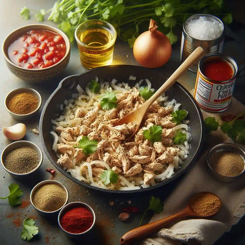 Skillet with sautéed onions and garlic, shredded chicken, cilantro, and spices including cumin and chipotle chili powder. Ingredients are being mixed in the skillet, with tomato sauce and chicken broth in the background.