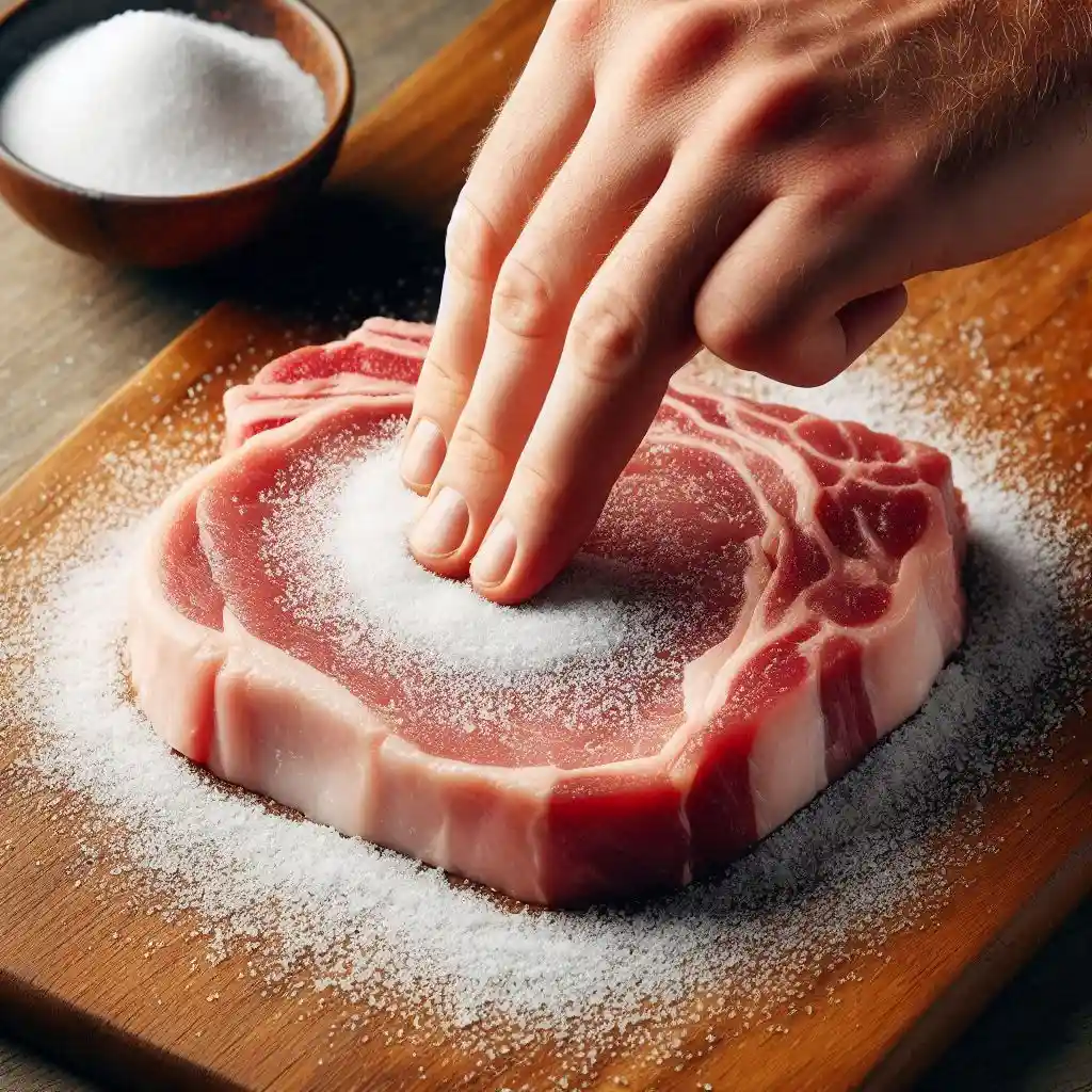 Close-up of a hand rubbing kosher salt onto both sides of a half-inch thick pork chop, with a bowl of salt nearby.