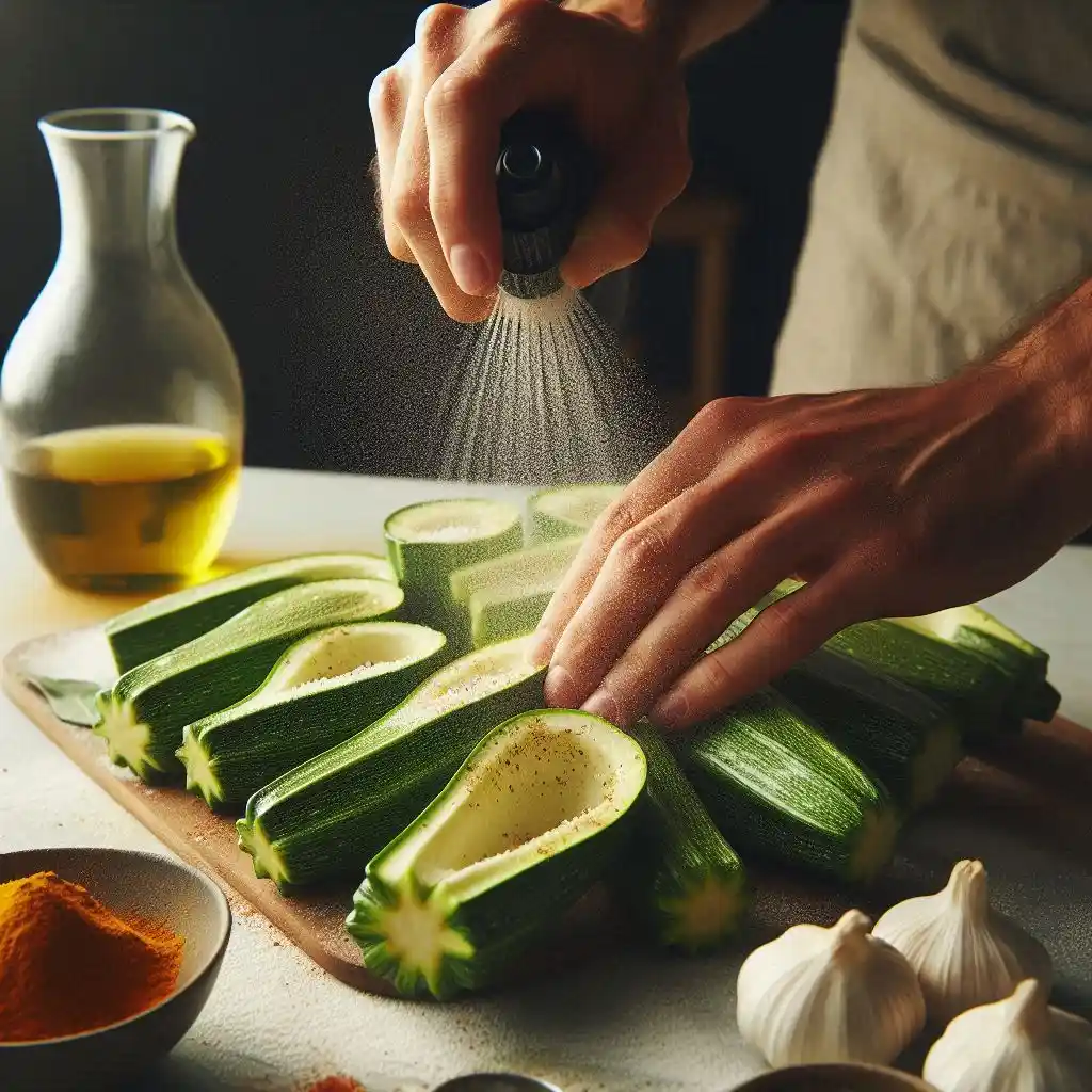 Zucchini shells being lightly sprayed with olive oil and sprinkled with salt, garlic powder, and paprika.