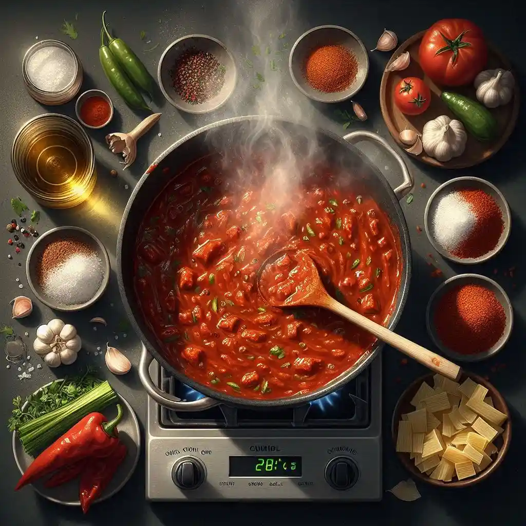 Pot of enchilada sauce simmering on the stove with garlic, chipotle chilis, and spices.