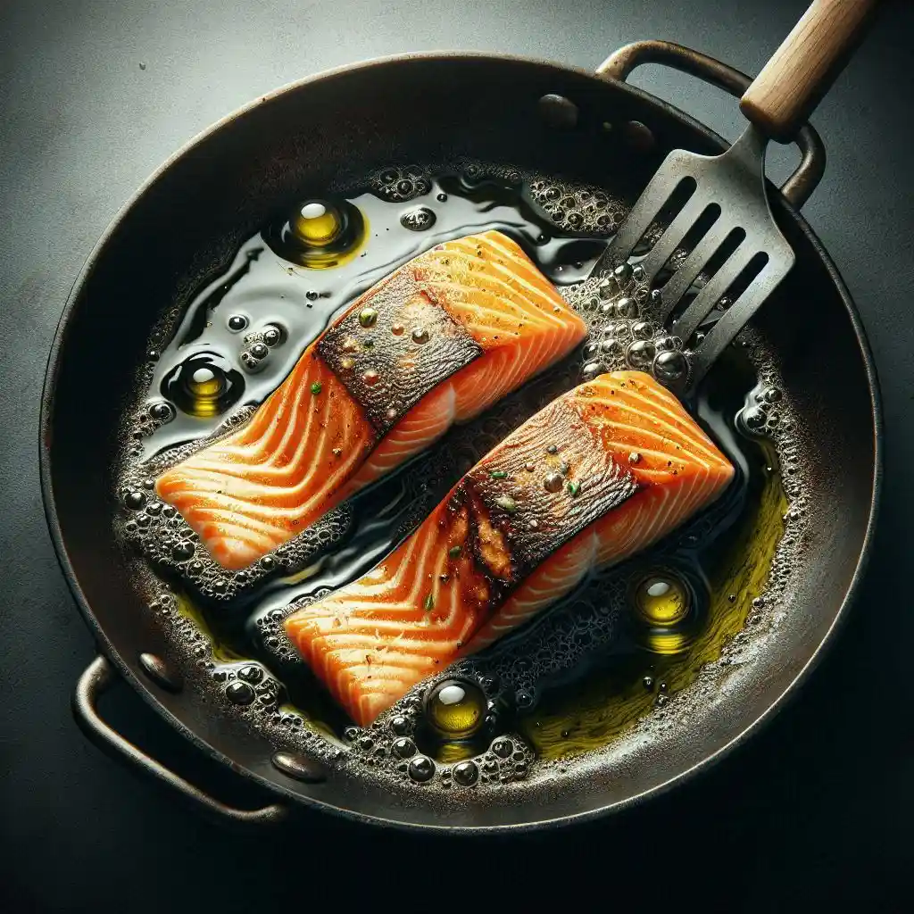 Salmon fillets cooking in a skillet with olive oil, turning occasionally until golden and crispy