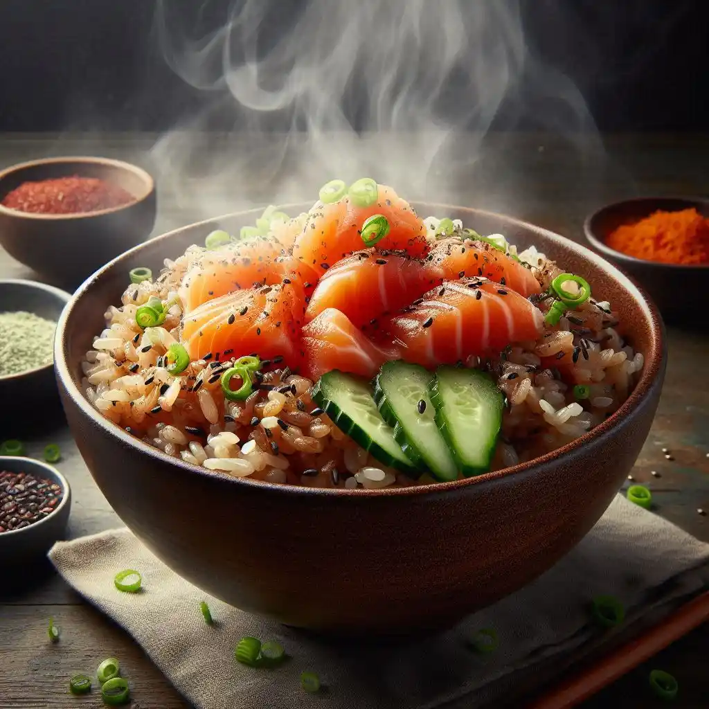 A steaming Salmon Rice Bowl ready to serve, featuring flaked salmon, brown rice, cucumbers, scallions, and garnishes like furikake.