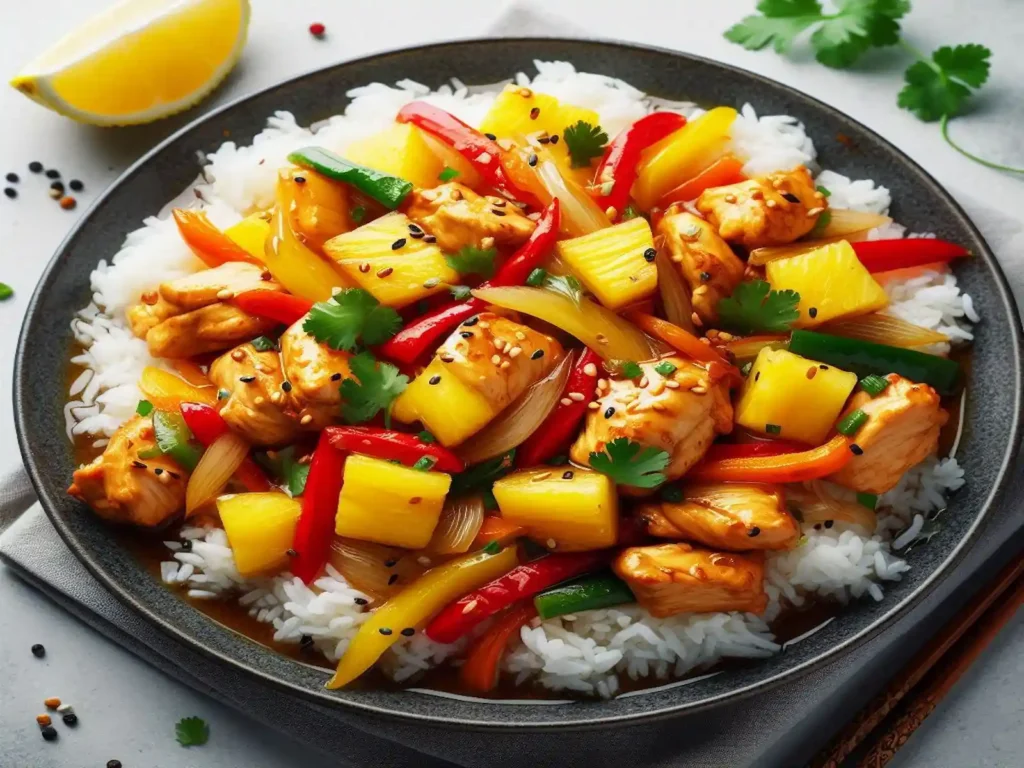 Chicken stir fry with pineapple and vegetables over rice