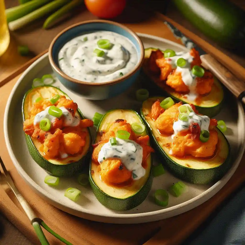 Air Fryer Buffalo Chicken Zucchini Skins topped with blue cheese dressing and scallions.