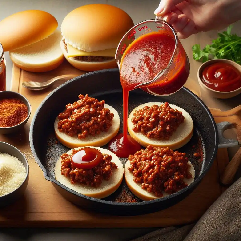 Mixing tomato sauce and tomato paste in a skillet, simmering the mixture covered on low heat, and scooping 1/2 cup of the sloppy meat mixture onto the bottom halves of hamburger buns.