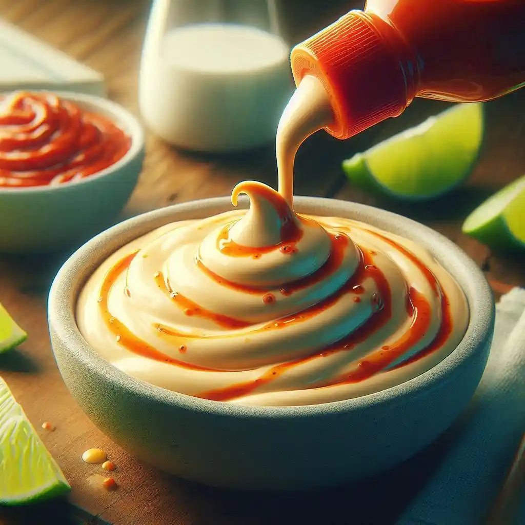 A small bowl of creamy Spicy Mayo mixed with sriracha, lime juice, and water for drizzling.