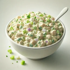 A bowl of creamy chicken salad with celery and onions, garnished with parsley.