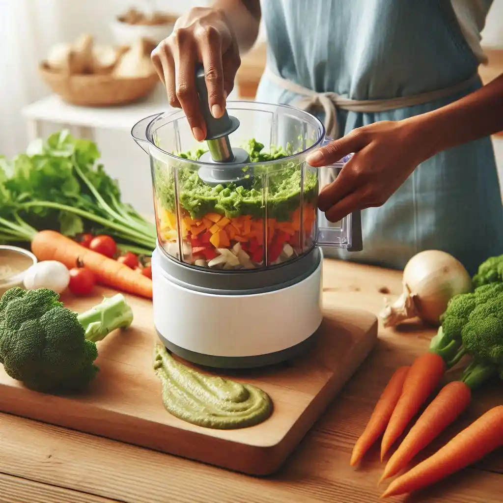 chopper or food processor to finely chop vegetables into a paste-like consistency, with the processed vegetables visible inside the machine.