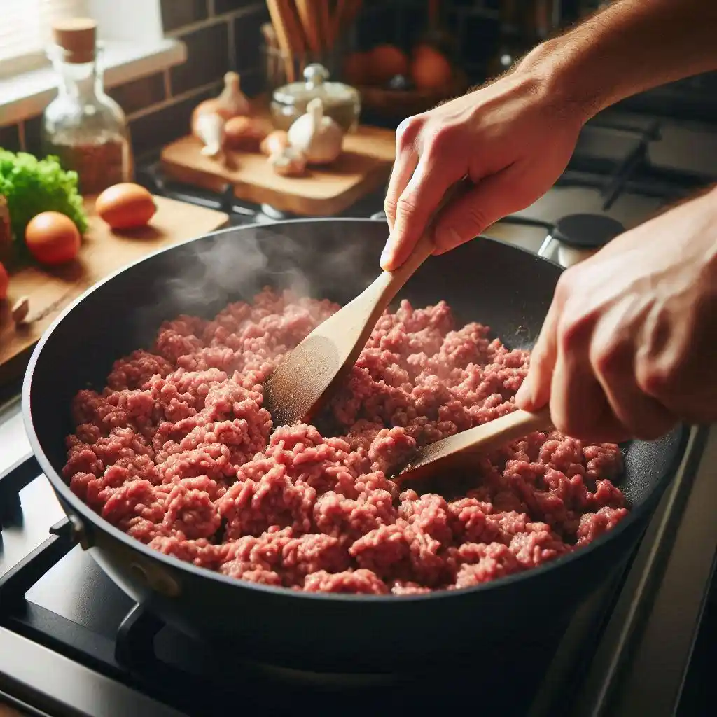 Large skillet on a stove with ground meat being added and broken up as it cooks over medium-high heat.