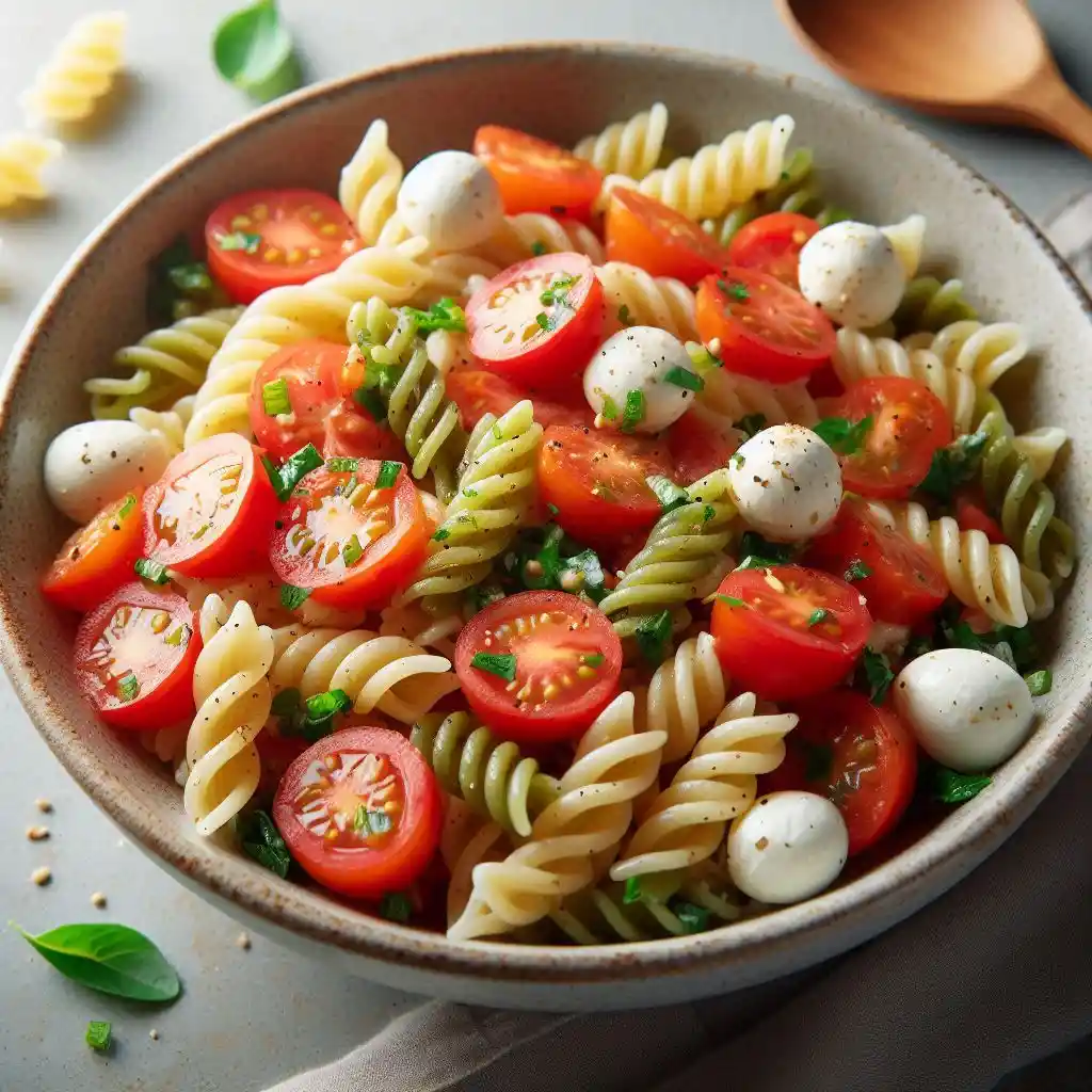 Bowl of Bruschetta Pasta Salad with cooled pasta, chopped tomatoes, and mozzarella mixed together