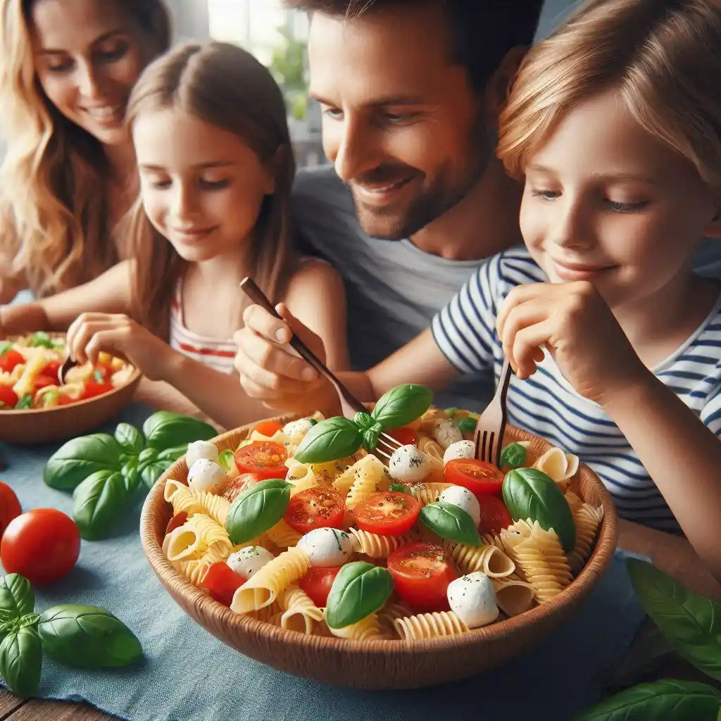 Close-up of Bruschetta Pasta Salad being enjoyed by a family of four