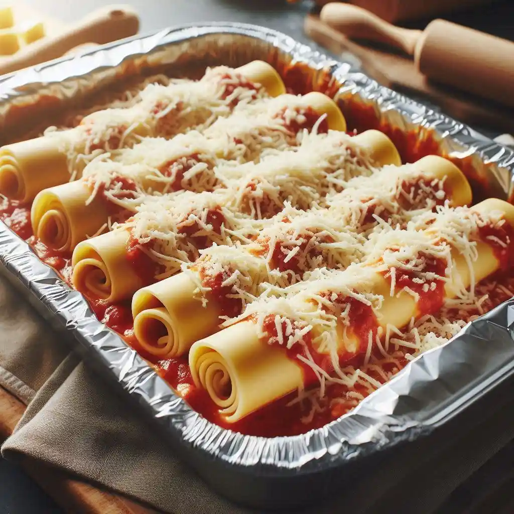 Noodle rolls covered in sauce and mozzarella cheese, ready to bake