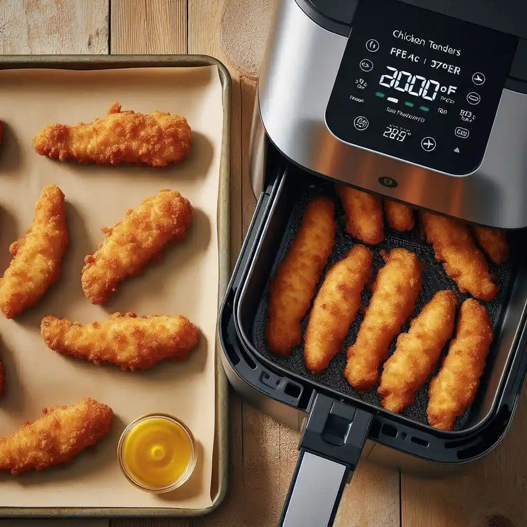 Chicken tenders baking and air frying to a crispy golden brown.