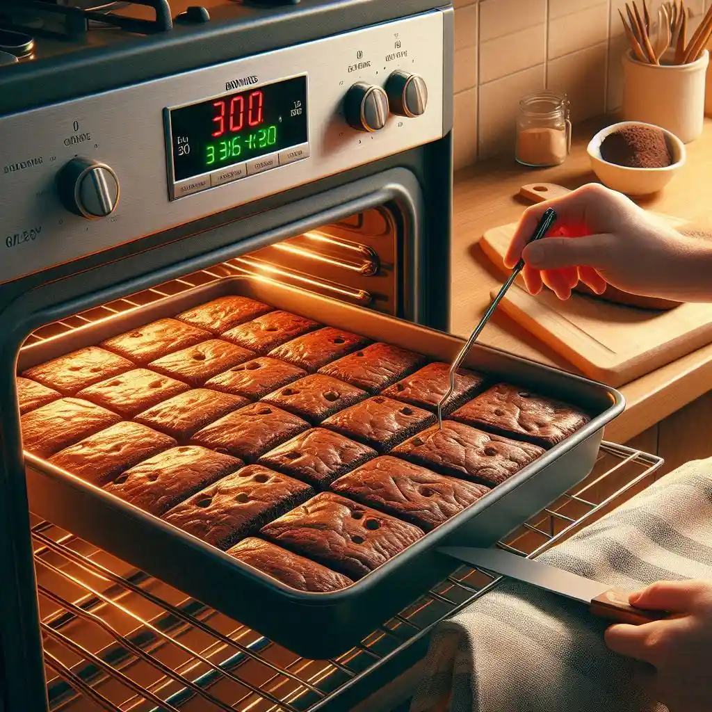 A pan of brownies baking in the oven with a toothpick test, cooling on the counter before being sliced into 12 bars.