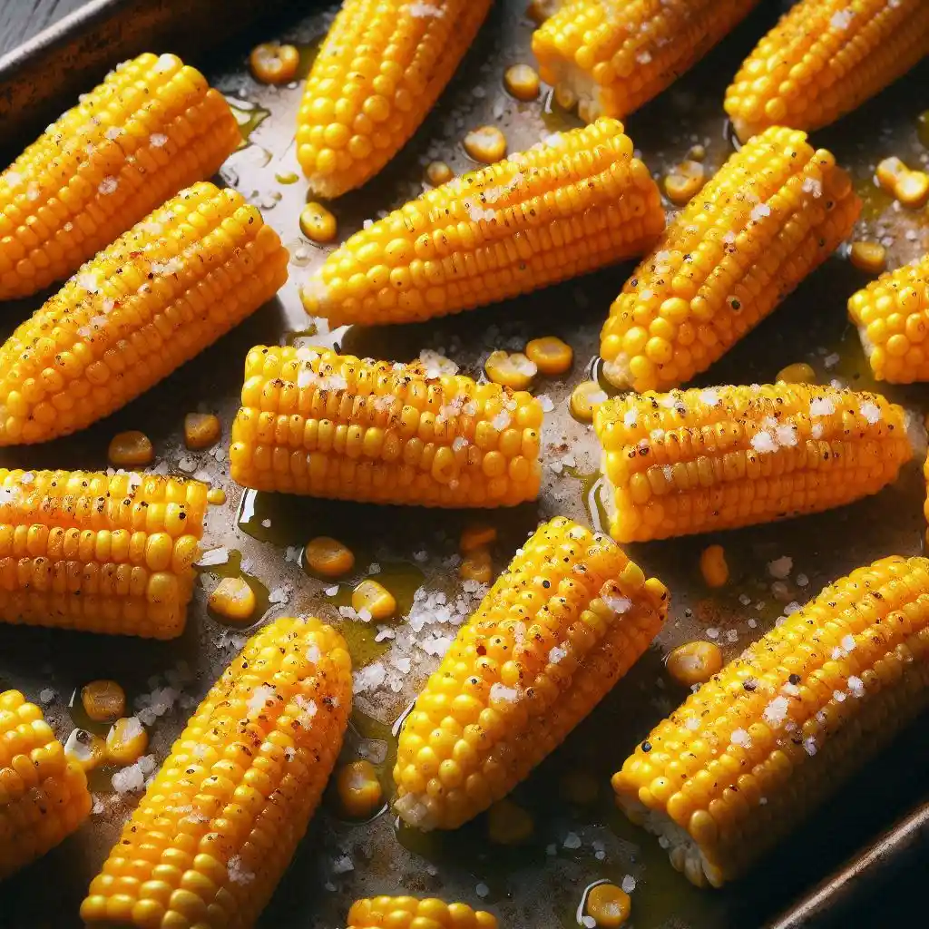 Corn kernels tossed with olive oil and salt, broiling on a sheet pan with some charring visible