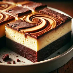 Close-up view of a dish of cheesecake brownies with a fudgy brownie base and creamy cheesecake topping.