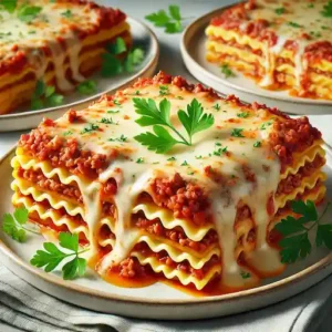 A close-up of a delicious lasagna featuring layers of ground beef, cottage cheese, and melted mozzarella, garnished with fresh parsley.