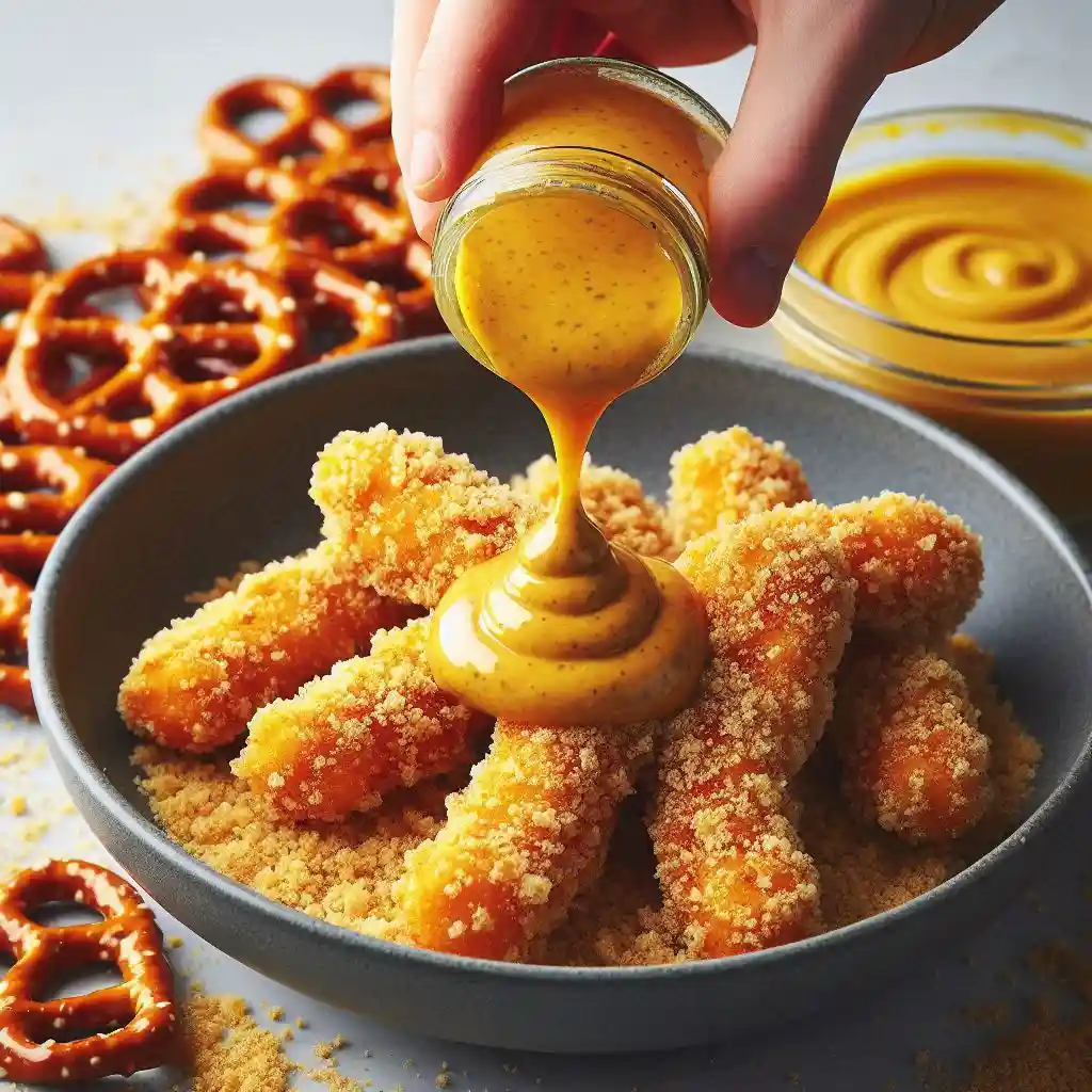 Chicken tenders being dipped into mustard-honey mix and pressed into pretzel crumbs for coating.