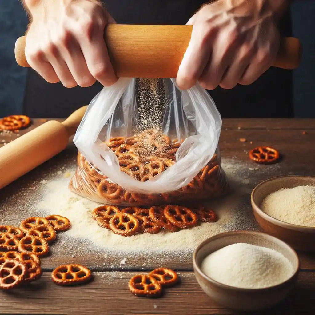 Crushing pretzels in a plastic bag with a rolling pin, with a shallow dish of pretzel crumbs, breadcrumbs, garlic powder, and onion powder.