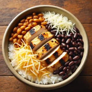 A bowl with rice, black beans, grilled chicken, and shredded cheese.