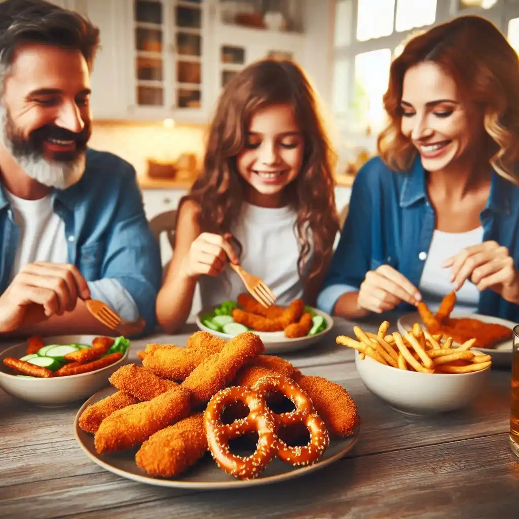 Family of four enjoying dinner with a focus on Crunchy Pretzel Crusted Chicken Tenders on the table.