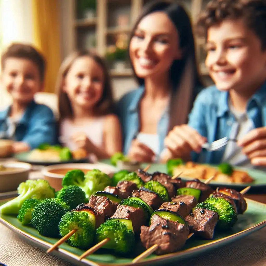 A family of four joyfully eating dinner together, featuring grilled beef and broccoli skewers on the table.