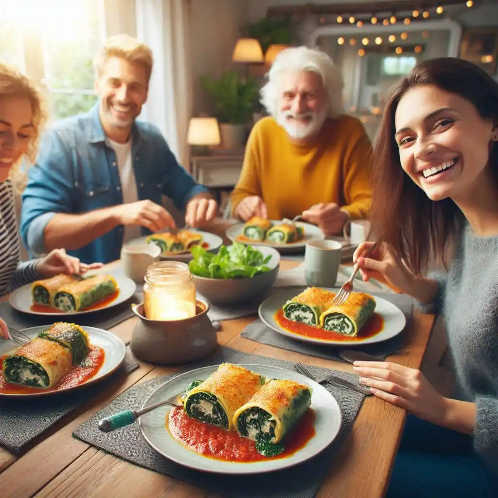 Family of four enjoying Spinach Ricotta Lasagna Roll Ups with homemade marinara